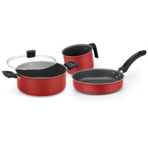 Jogo panelas enjoy 3 peças C/ Tampa Vidro antiaderente Vermelho
