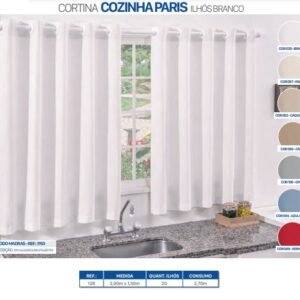 Cortina cozin paris com ilhos branco 2,00m larg x 1,30m alt