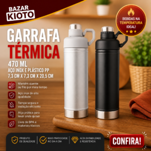 Garrafa Termica 470 Ml Aco Inox E Plastico Pp 7,3 Cm X 7,3 Cm X 20,5 Cm