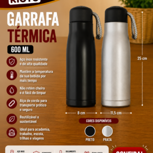Garrafa 300 Ml Termica Aço Inox 6,5 Cm X 6,5 Cm X 20,2 Cm